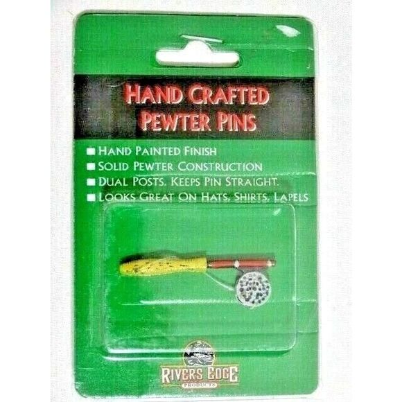 River's Edge Pewter Pin Fly Fishing Rod Reel Pinback Clip Hand Painted Rustic - Picture 1 of 2